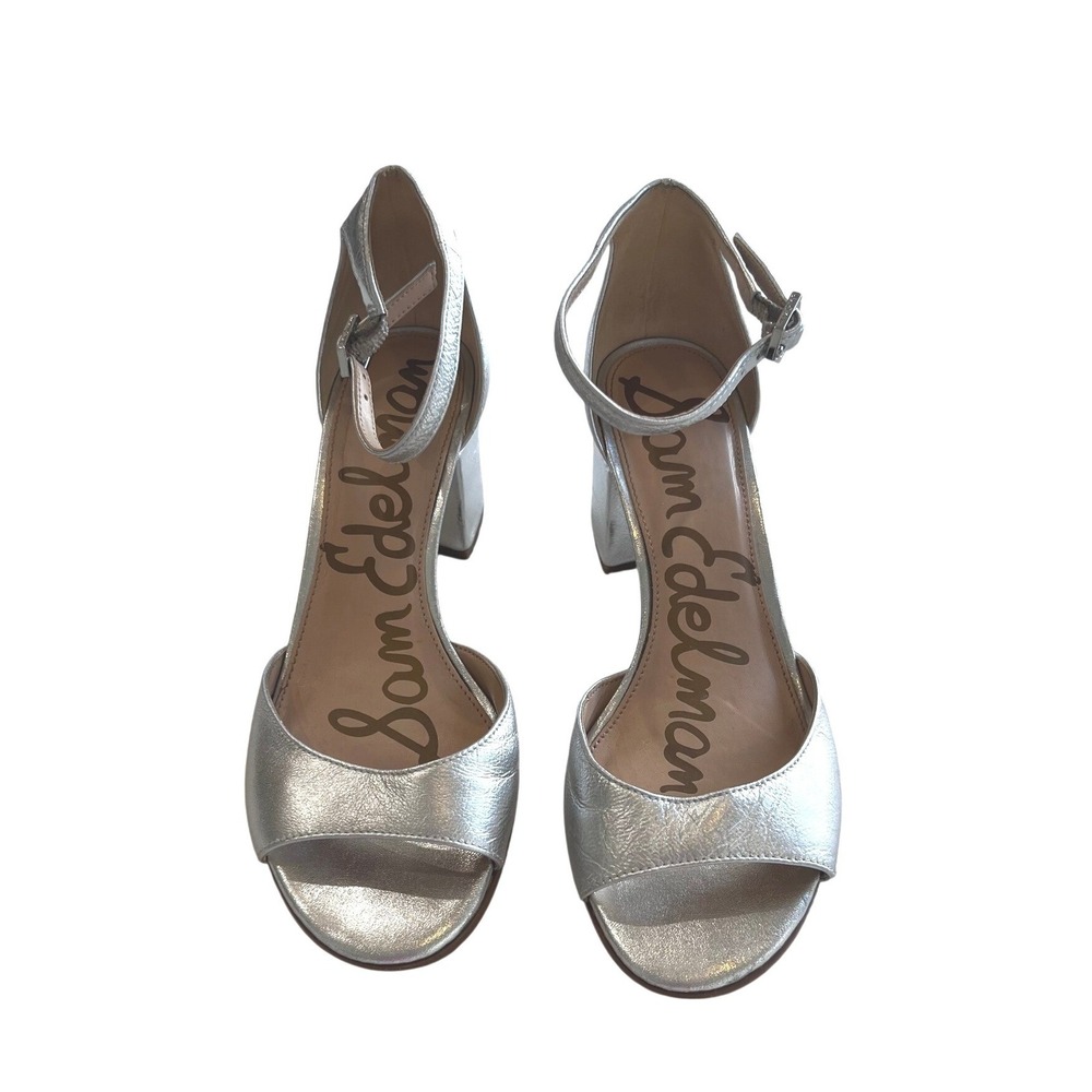Sam Edelman Susie Silver Metallic Block Heel Sandals Ankle Strap Womens Size 6 - Picture 2 of 9